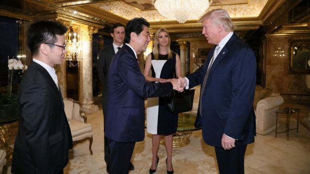 Ivanka Trump and her husband Jared Kushner were present when Mr Trump welcomed Japanese Prime Minister Shinzo Abe in New York last week